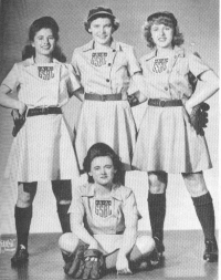 First AAGPBL players signed in 1943: Back, L-R: Claire Schillace, Ann Harnett and Edythe Perlick. Seated: Shirley Jameson. Photo Source