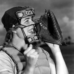 Dorothy "Dottie" Schroeder, catcher, shouting play ball on April 22, 1948. She passed away on December 8, 1996. (Florida Memory)