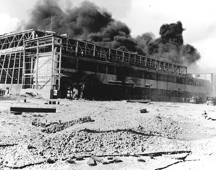Burning Hangar #2 at NAS Kanehoe following the Japanese attack on Dec. 7, 1941.