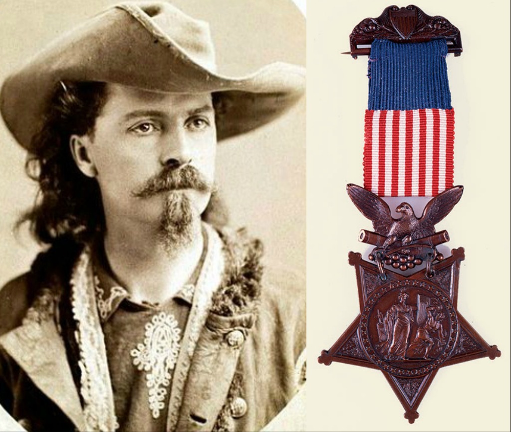 Photo Credit: Buffalo Bill Cody, ca. 1875 on left (George Eastman House) and his Congressional Medal of Honor on the right (Buffalo Bill Center of the West).