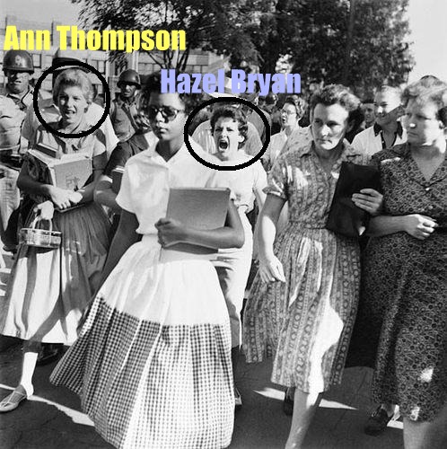 Ann Thompson (left circle) and Hzel Bryan among the mob that launching verbal assaults against Elizabeth Eckford, age 15, at Little Rock Central High School on the first day of the school year, September 4, 1957.