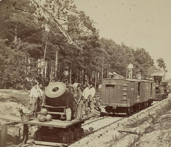 The "Dictator" being moved along the railroad tracks. Photo Credit: Library of Congress